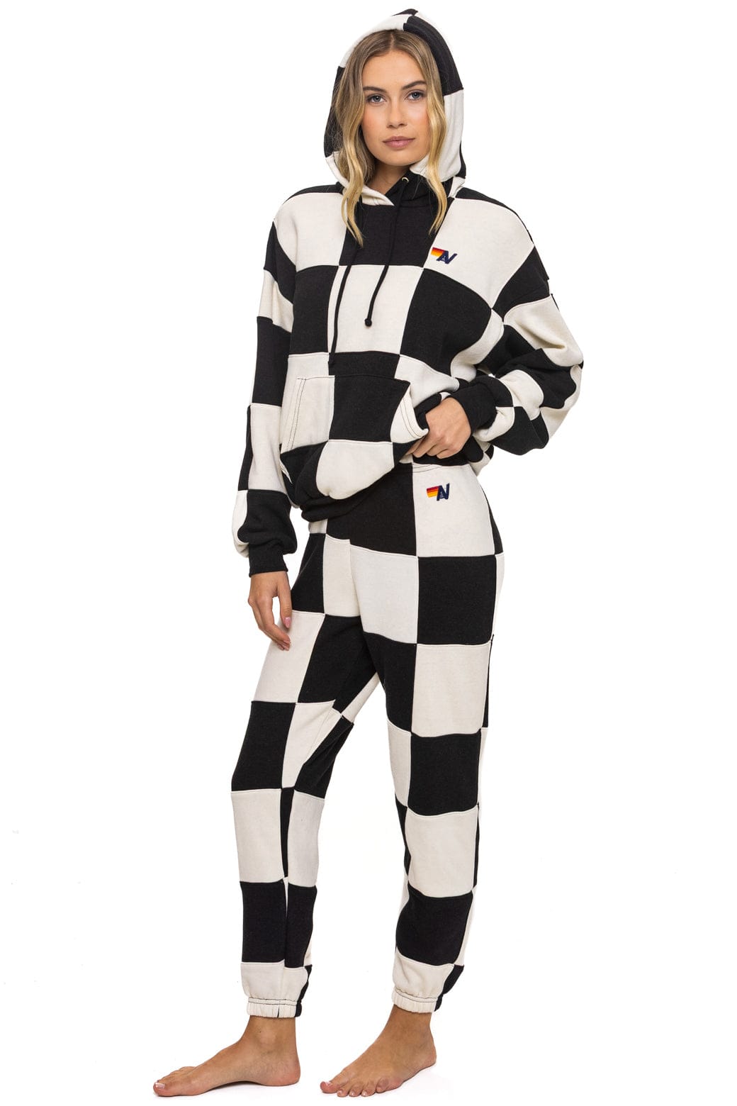 Retro CHECK QUILT RELAXED PULLOVER HOODIE - VINTAGE WHITE BLACK