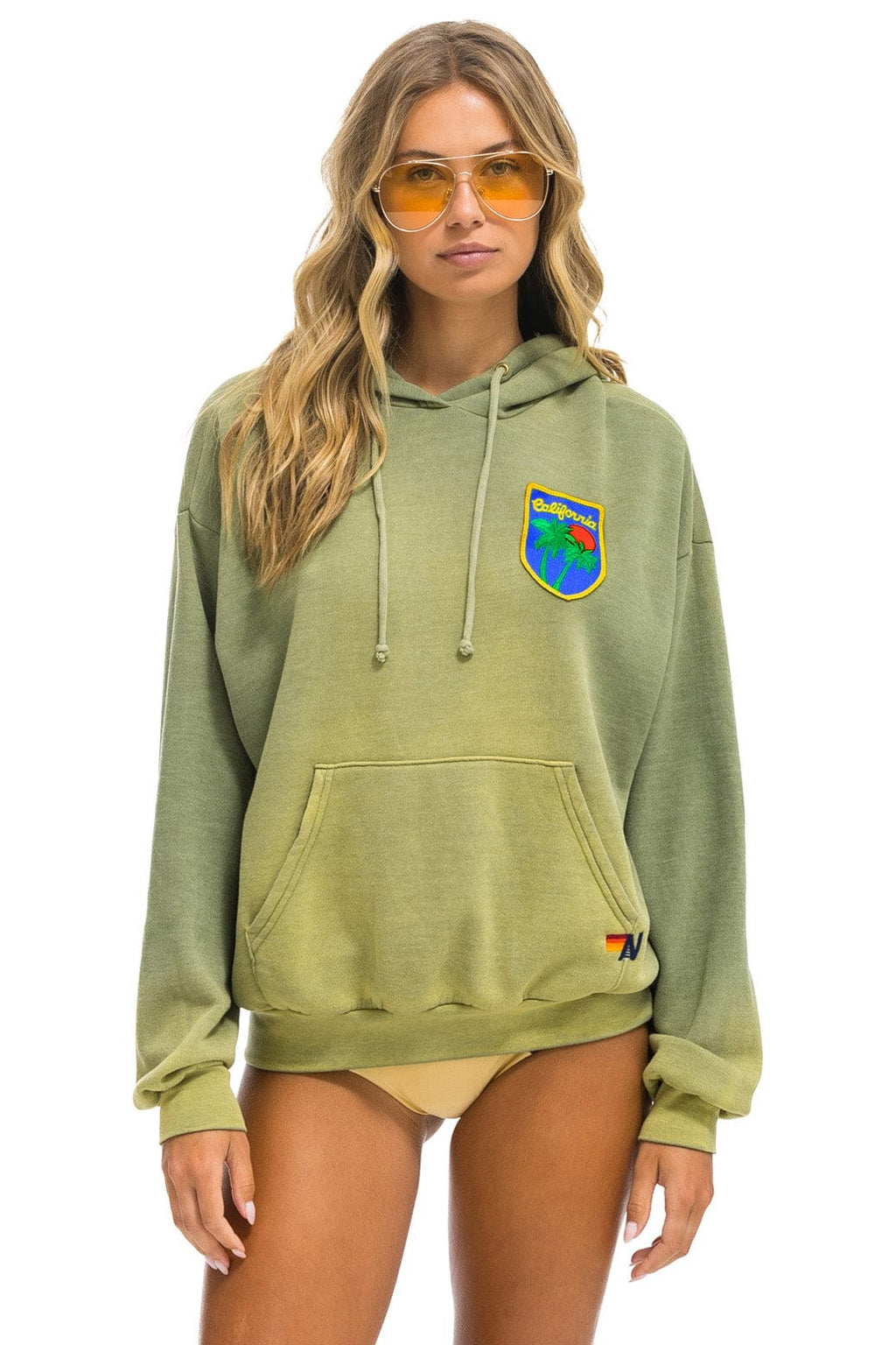Retro CALIFORNIA PALM PATCH PULLOVER RELAXED HOODIE - FADED ARMY