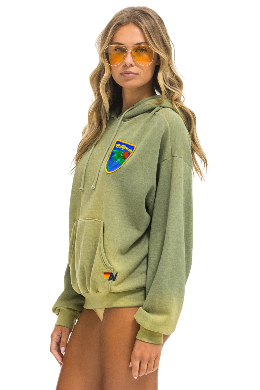 Retro CALIFORNIA PALM PATCH PULLOVER RELAXED HOODIE - FADED ARMY