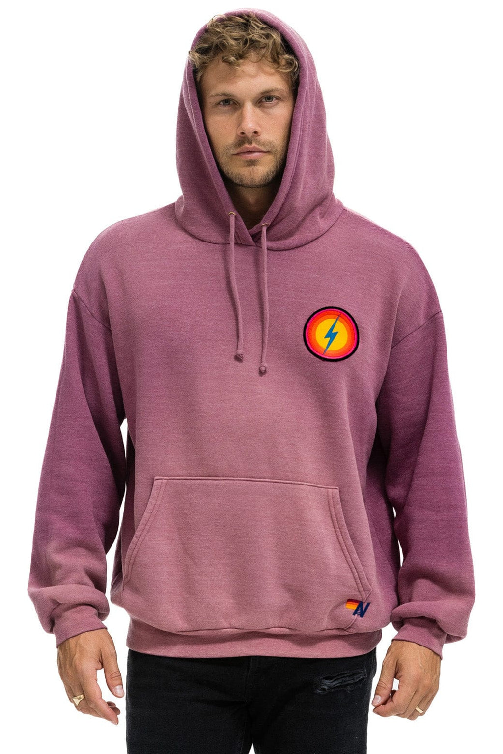 Retro BOLT BULLSEYE PATCH PULLOVER RELAXED HOODIE - FADED BERRY