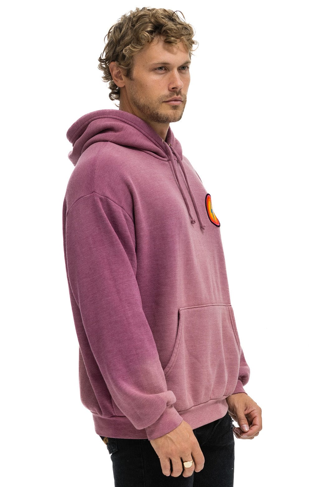 Retro BOLT BULLSEYE PATCH PULLOVER RELAXED HOODIE - FADED BERRY