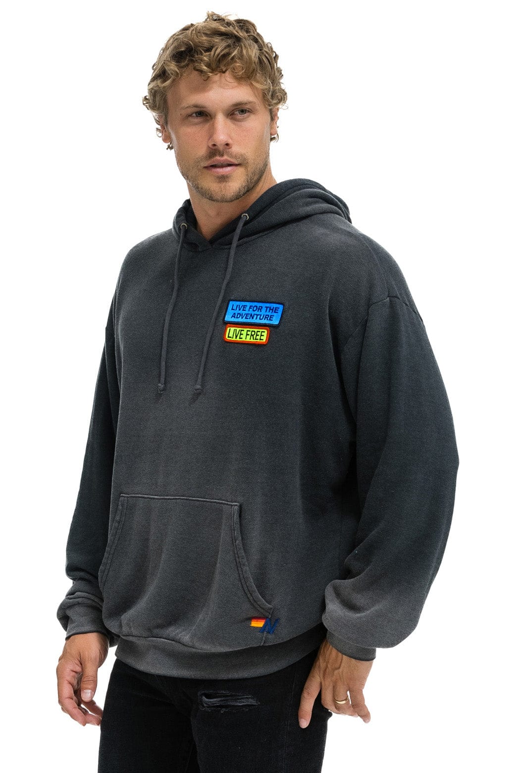 Retro LIVE FREE ADVENTURE PATCH PULLOVER RELAXED HOODIE - FADED SMOKE