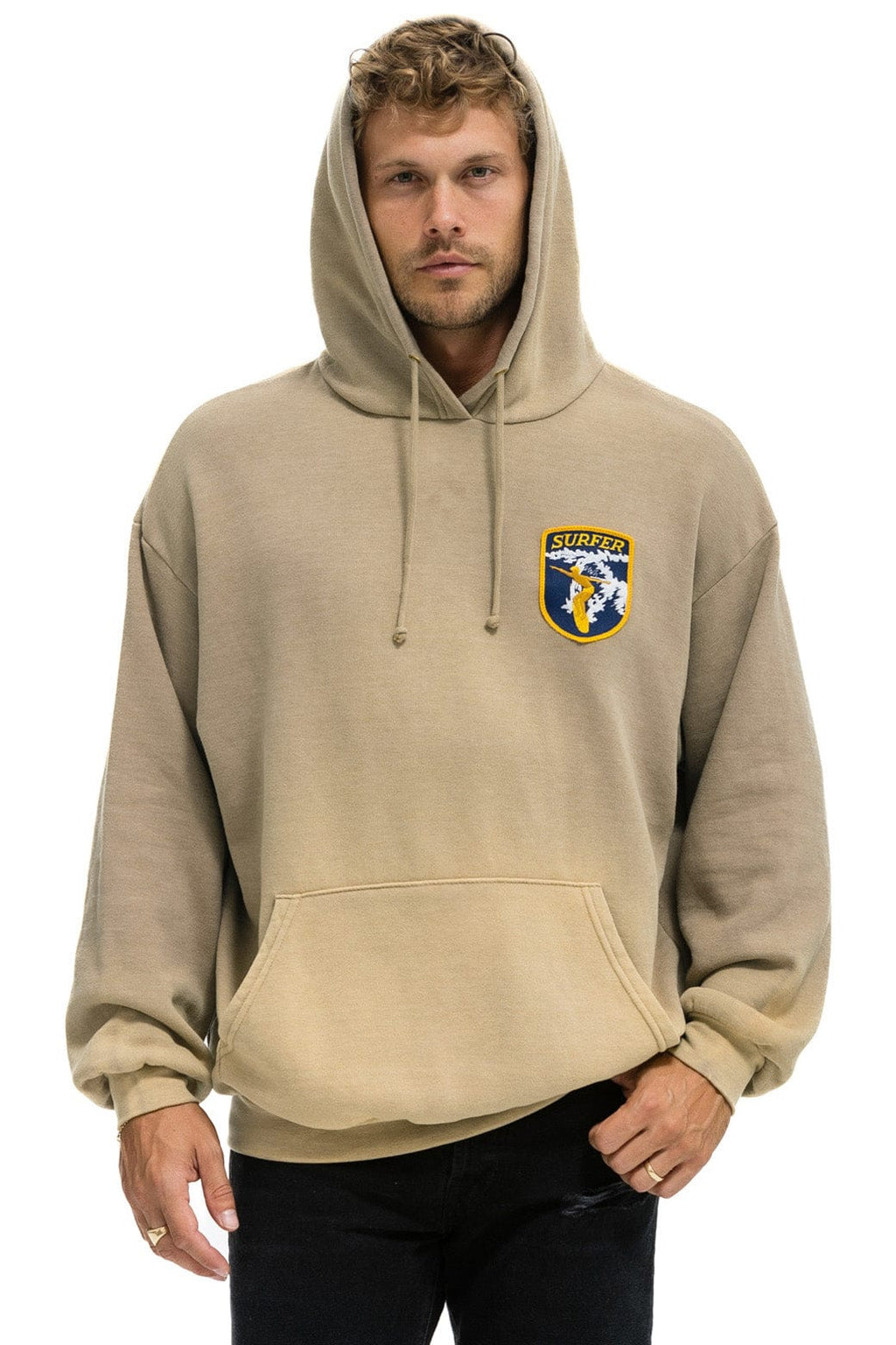 Retro CALIFORNIA SURFER PATCH PULLOVER RELAXED HOODIE - FADED TAN