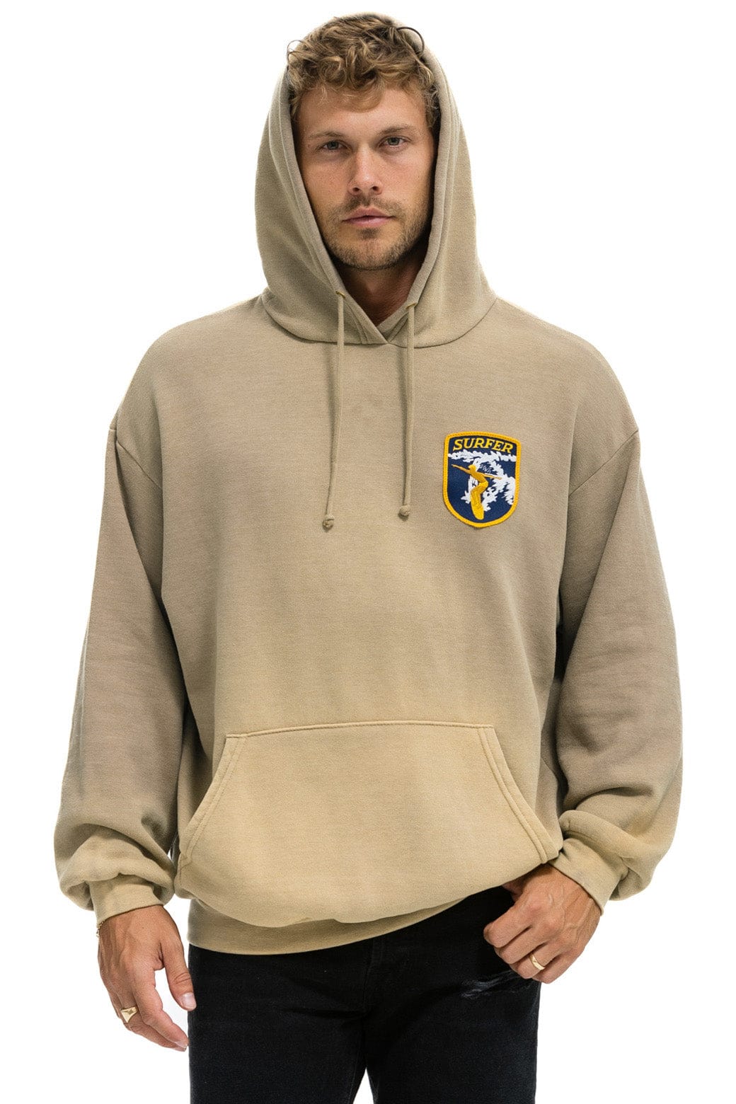 Retro CALIFORNIA SURFER PATCH PULLOVER RELAXED HOODIE - FADED TAN