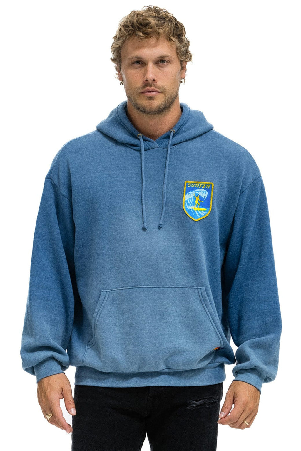 Retro SURFER WAVE PATCH PULLOVER RELAXED HOODIE - FADED WATER