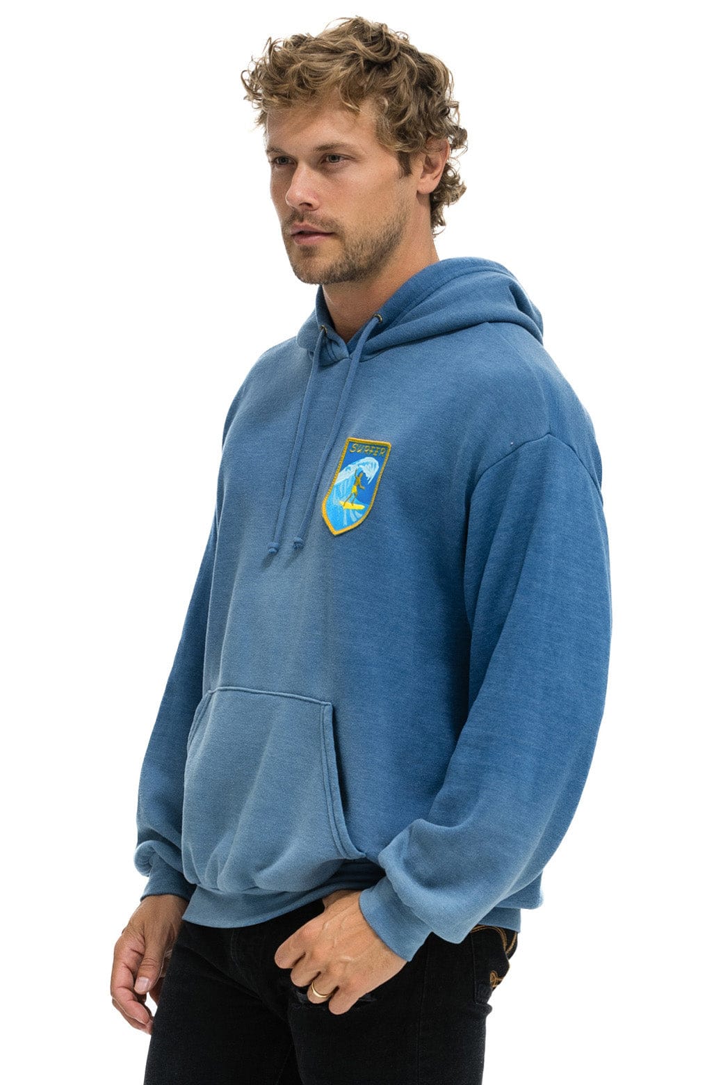 Retro SURFER WAVE PATCH PULLOVER RELAXED HOODIE - FADED WATER