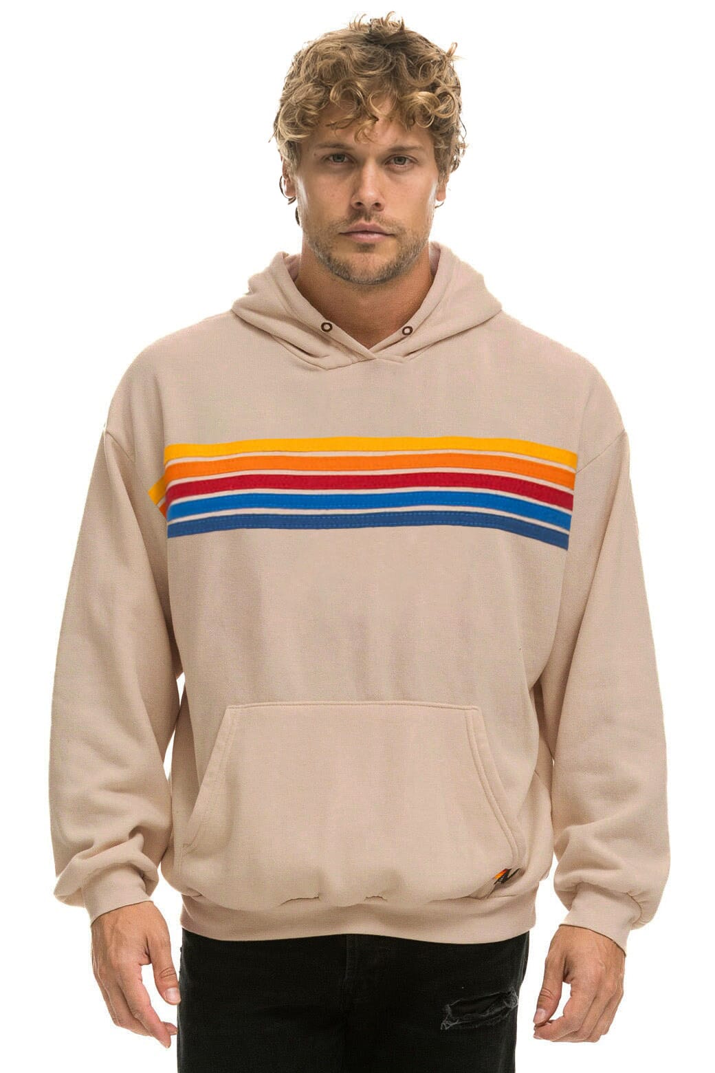 Retro 5 STRIPE RELAXED PULLOVER HOODIE - SAND