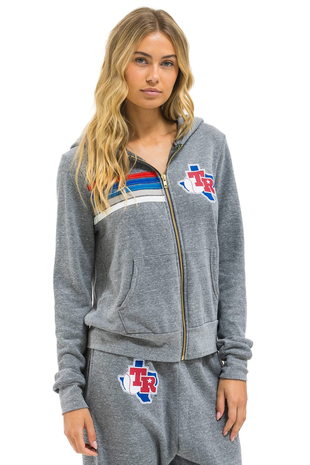 Retro TEXAS RANGERS 5 STRIPE ZIP HOODIE - HEATHER GREY USA