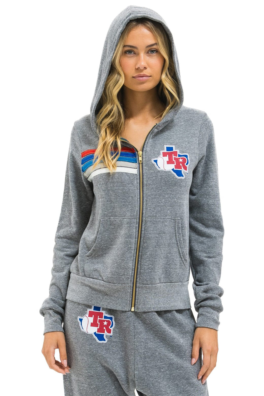 Retro TEXAS RANGERS 5 STRIPE ZIP HOODIE - HEATHER GREY USA