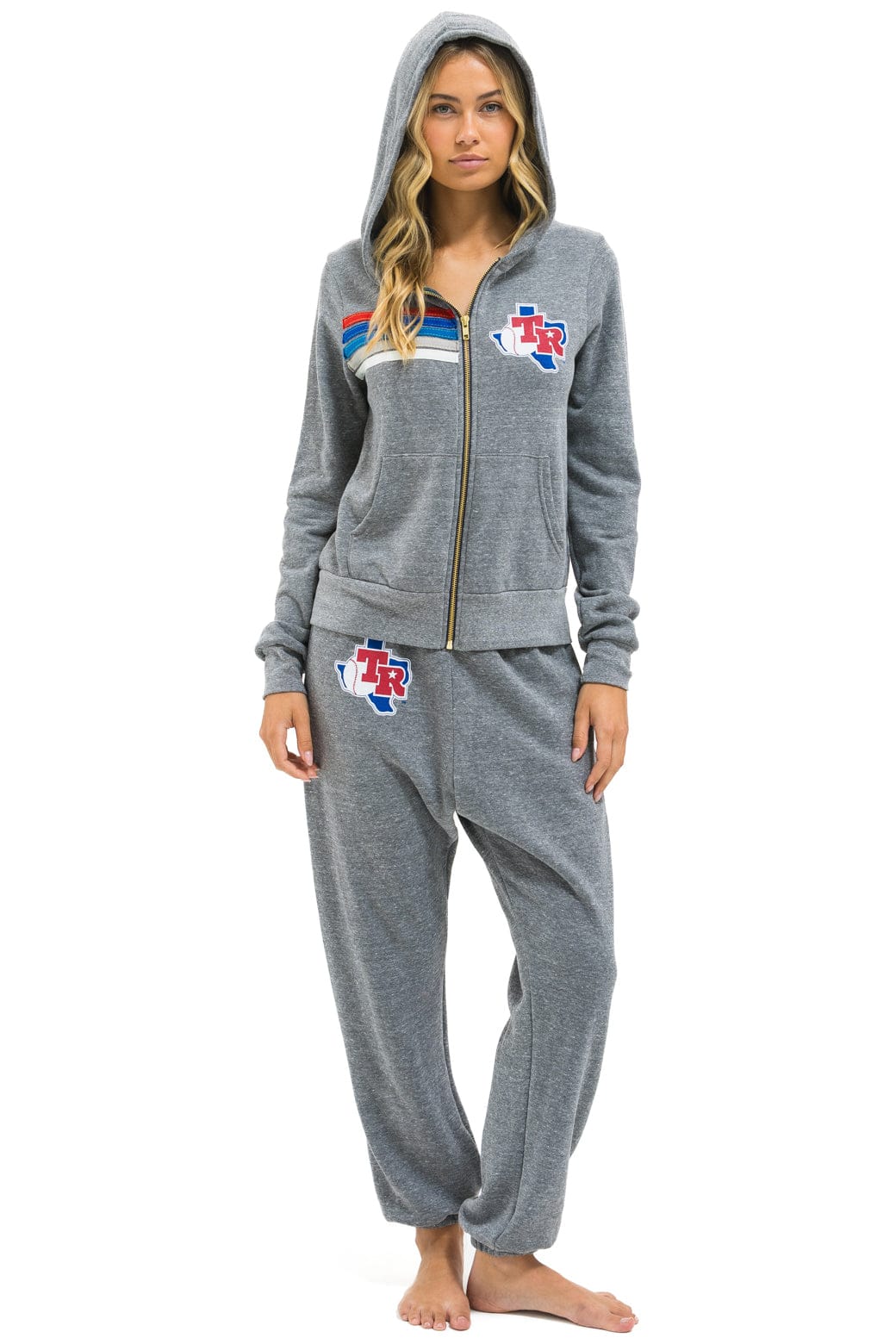 Retro TEXAS RANGERS 5 STRIPE ZIP HOODIE - HEATHER GREY USA