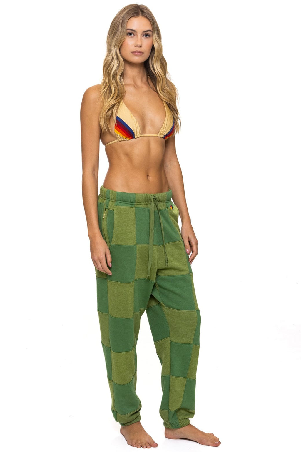 Retro CHECK QUILTED SWEATPANTS - JUNGLE GREEN PALM