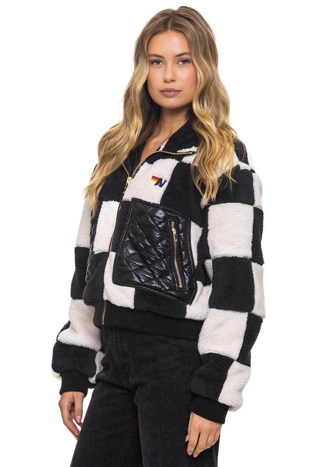 Retro TEDDY CHECKERBOARD WOMENS FULL ZIP JACKET - VINTAGE BLACK