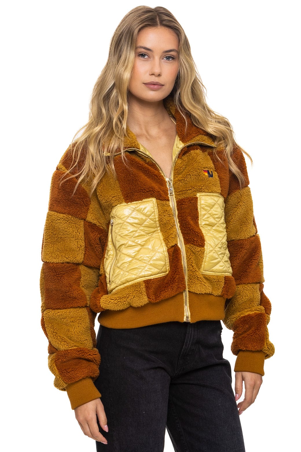 Retro TEDDY CHECKERBOARD WOMENS FULL ZIP JACKET - HONEY WHISKEY