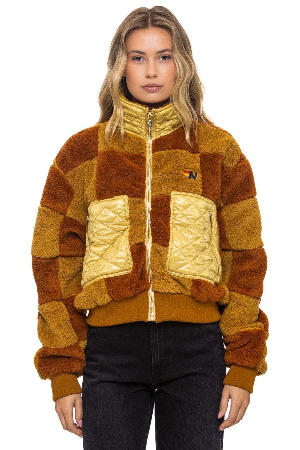Retro TEDDY CHECKERBOARD WOMENS FULL ZIP JACKET - HONEY WHISKEY