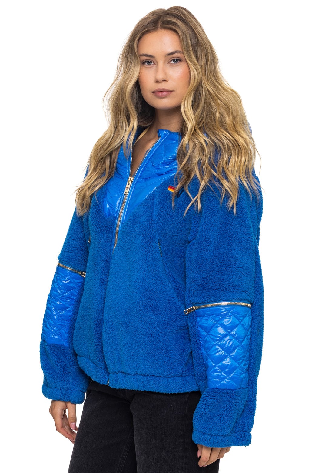 Retro TEDDY UNISEX OVERSIZED HOODED FULL ZIP JACKET - BLUE CINA