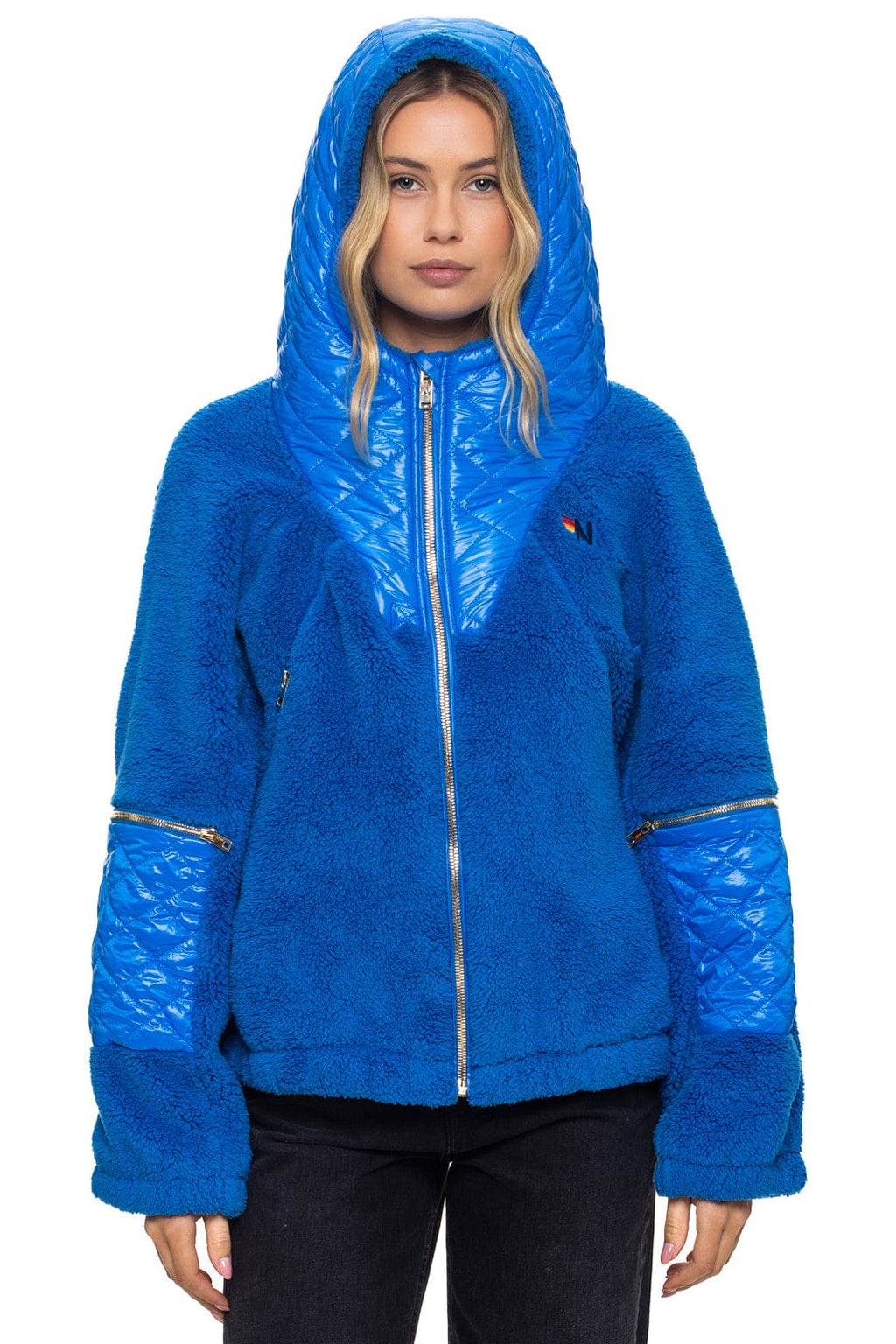 Retro TEDDY UNISEX OVERSIZED HOODED FULL ZIP JACKET - BLUE CINA