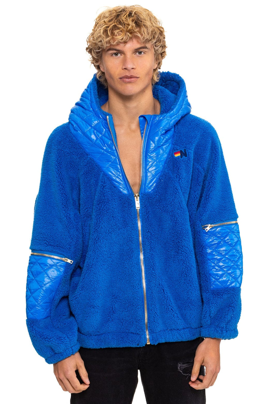 Retro TEDDY UNISEX OVERSIZED HOODED FULL ZIP JACKET - BLUE CINA
