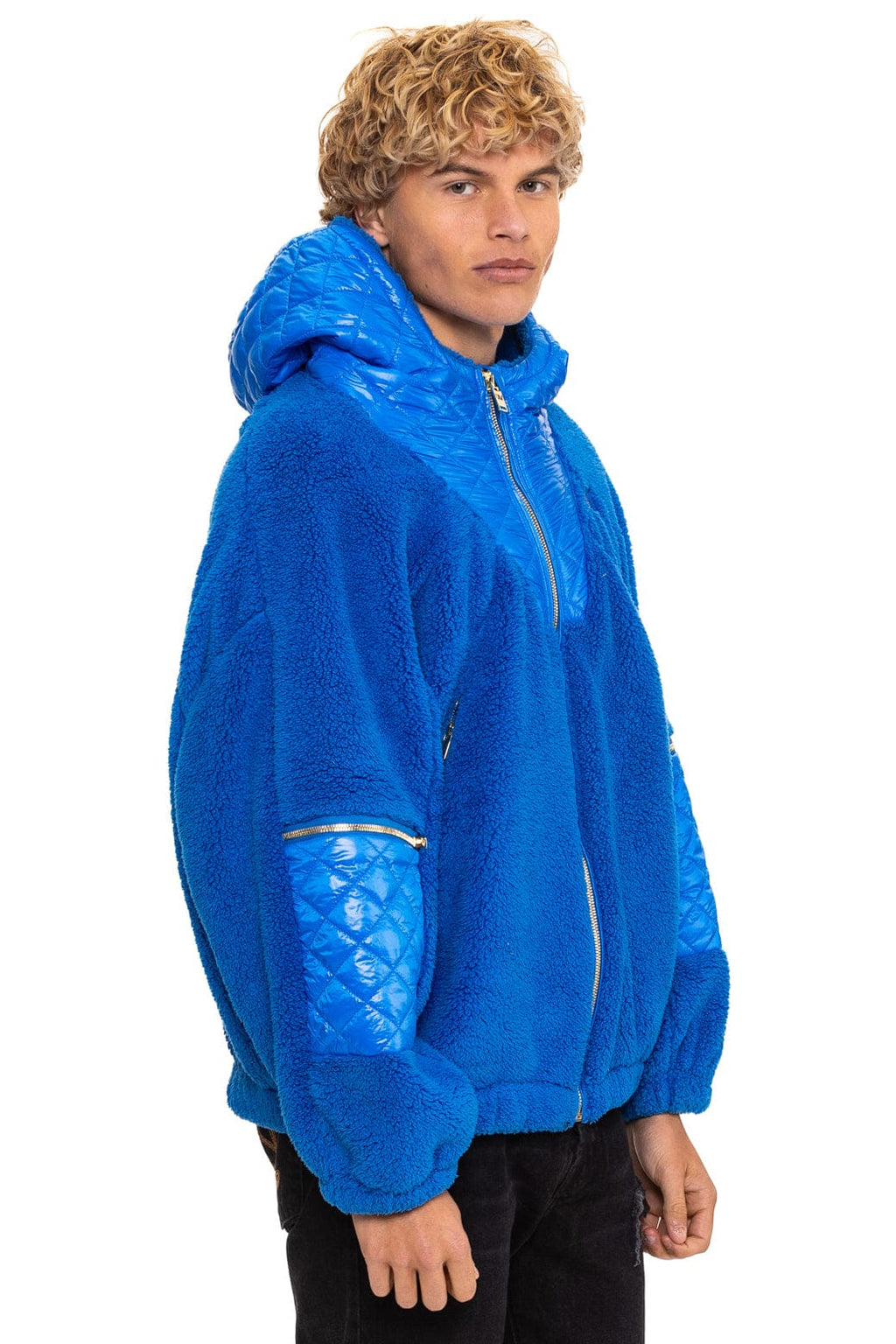 Retro TEDDY UNISEX OVERSIZED HOODED FULL ZIP JACKET - BLUE CINA