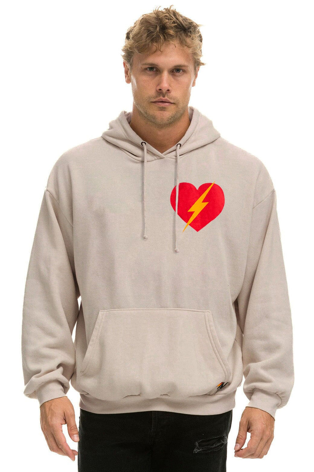 Retro BOLT HEART PULLOVER RELAXED HOODIE - SAND