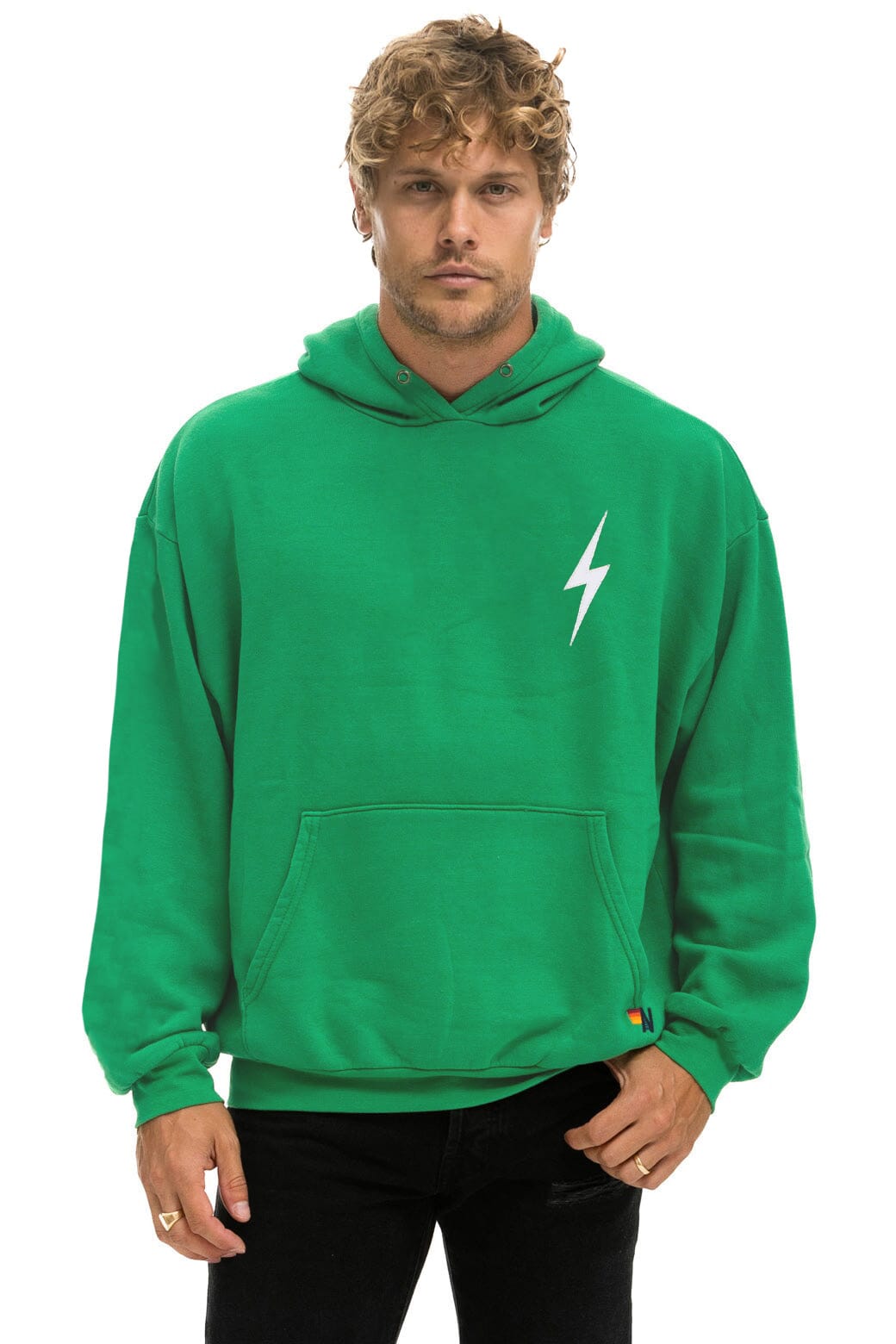 Retro BOLT STITCH RELAXED PULLOVER HOODIE - KELLY GREEN WHITE