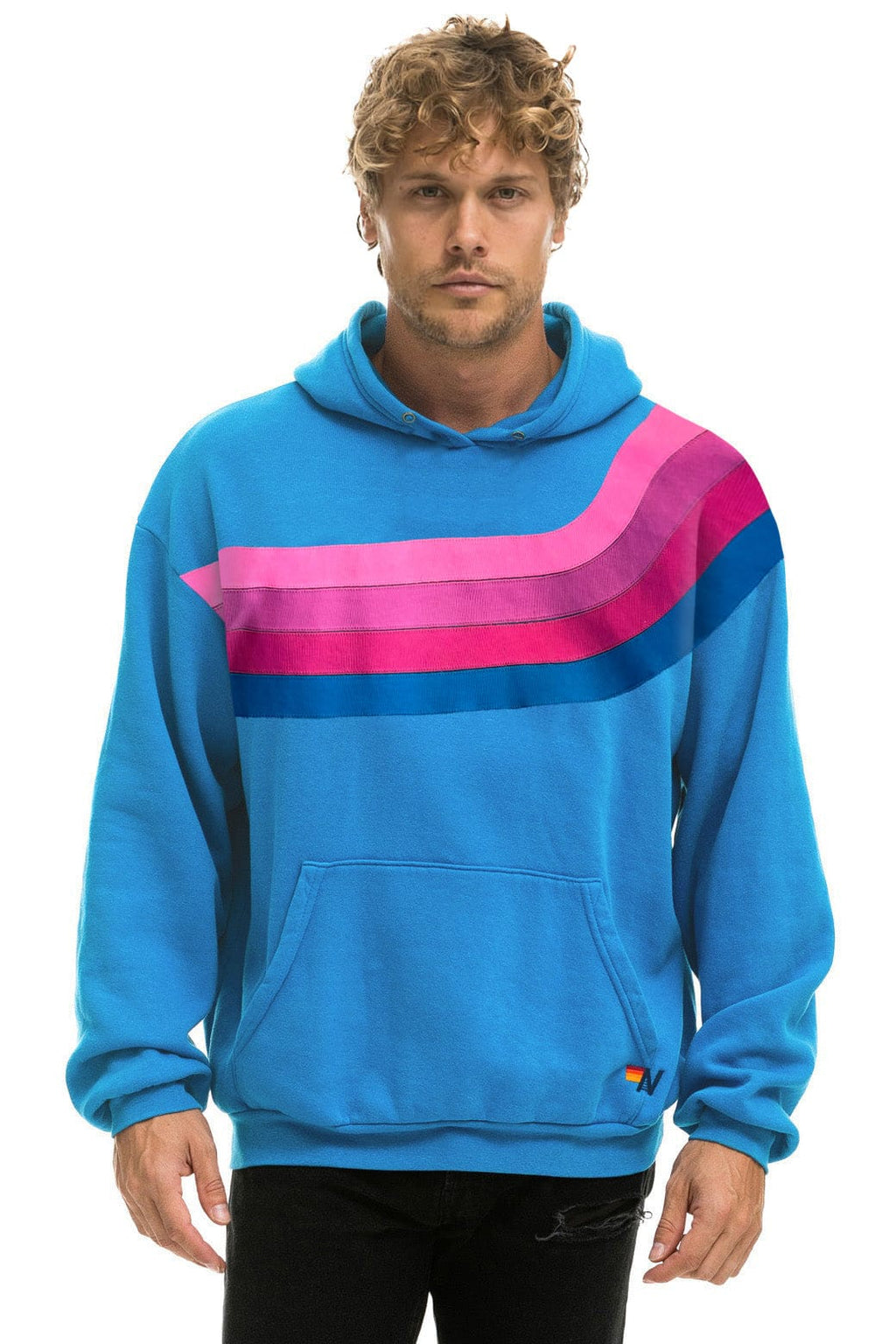 Retro WAVE STRIPE 4 PULLOVER HOODIE RELAXED - COBALT NEON PINK