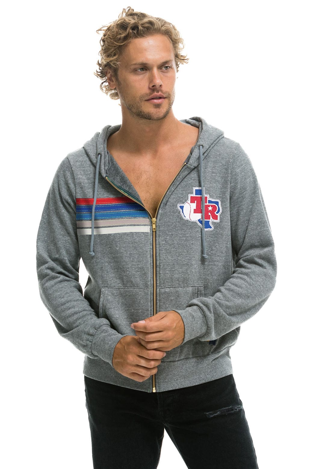 Retro TEXAS RANGERS 5 STRIPE ZIP HOODIE - HEATHER GREY USA