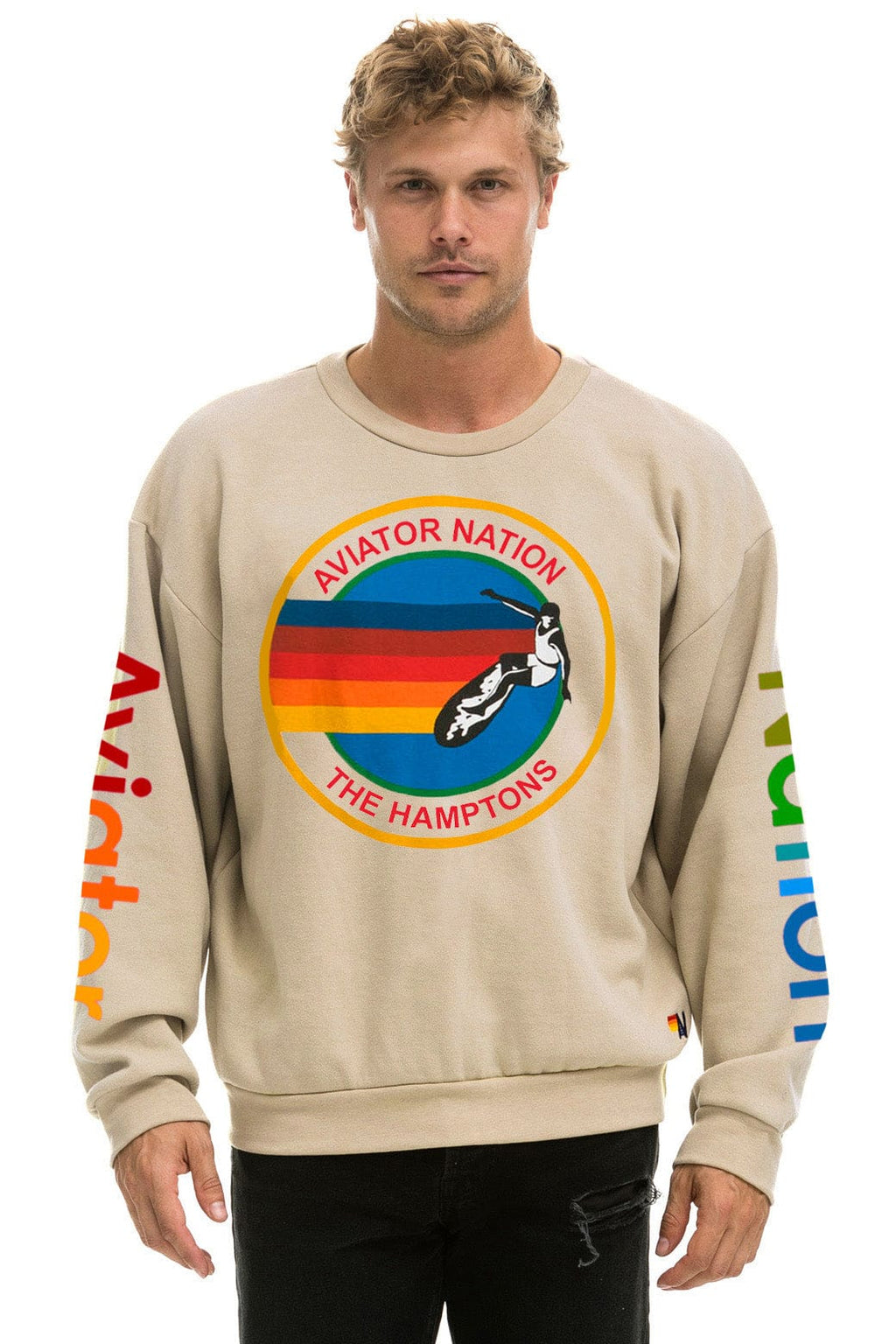 Retro AVIATOR NATION HAMPTONS RELAXED CREW SWEATSHIRT - SAND
