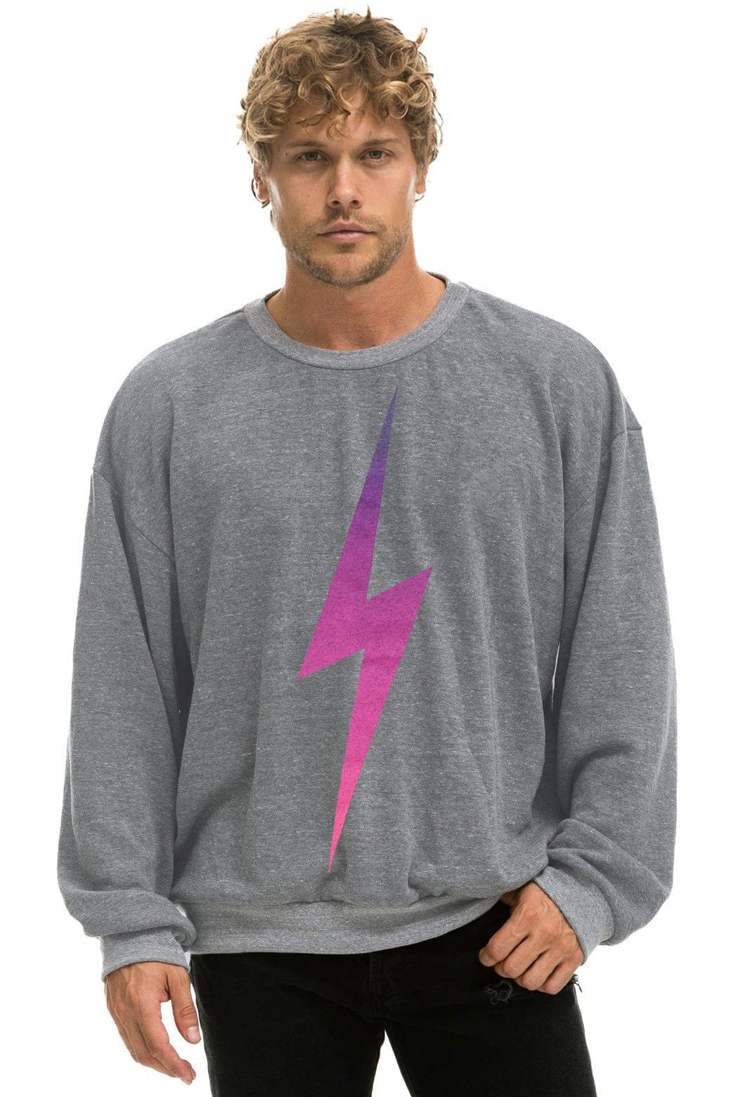 Retro BOLT FADE RELAXED CREW SWEATSHIRT - HEATHER GREY PINK PURPLE