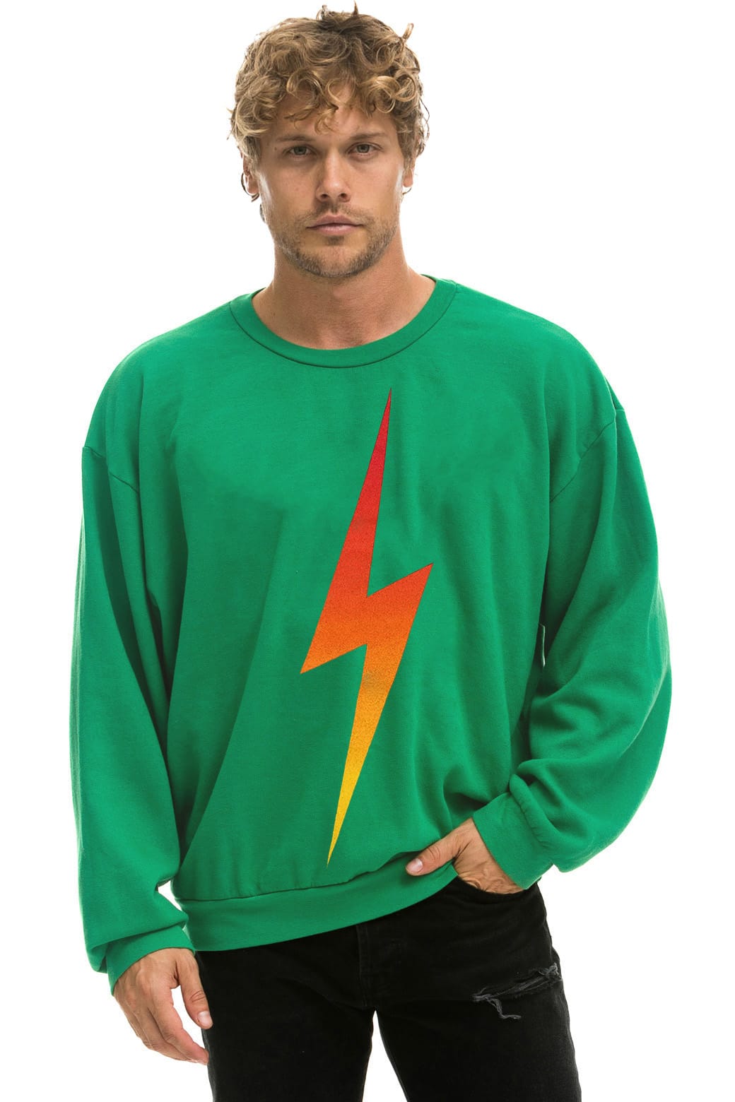 Retro BOLT FADE RELAXED CREW SWEATSHIRT - KELLY GREEN RED YELLOW