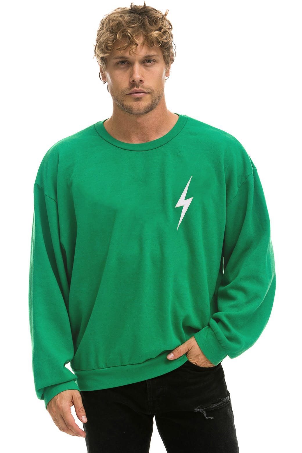 Retro BOLT STITCH RELAXED CREW SWEATSHIRT - KELLY GREEN WHITE