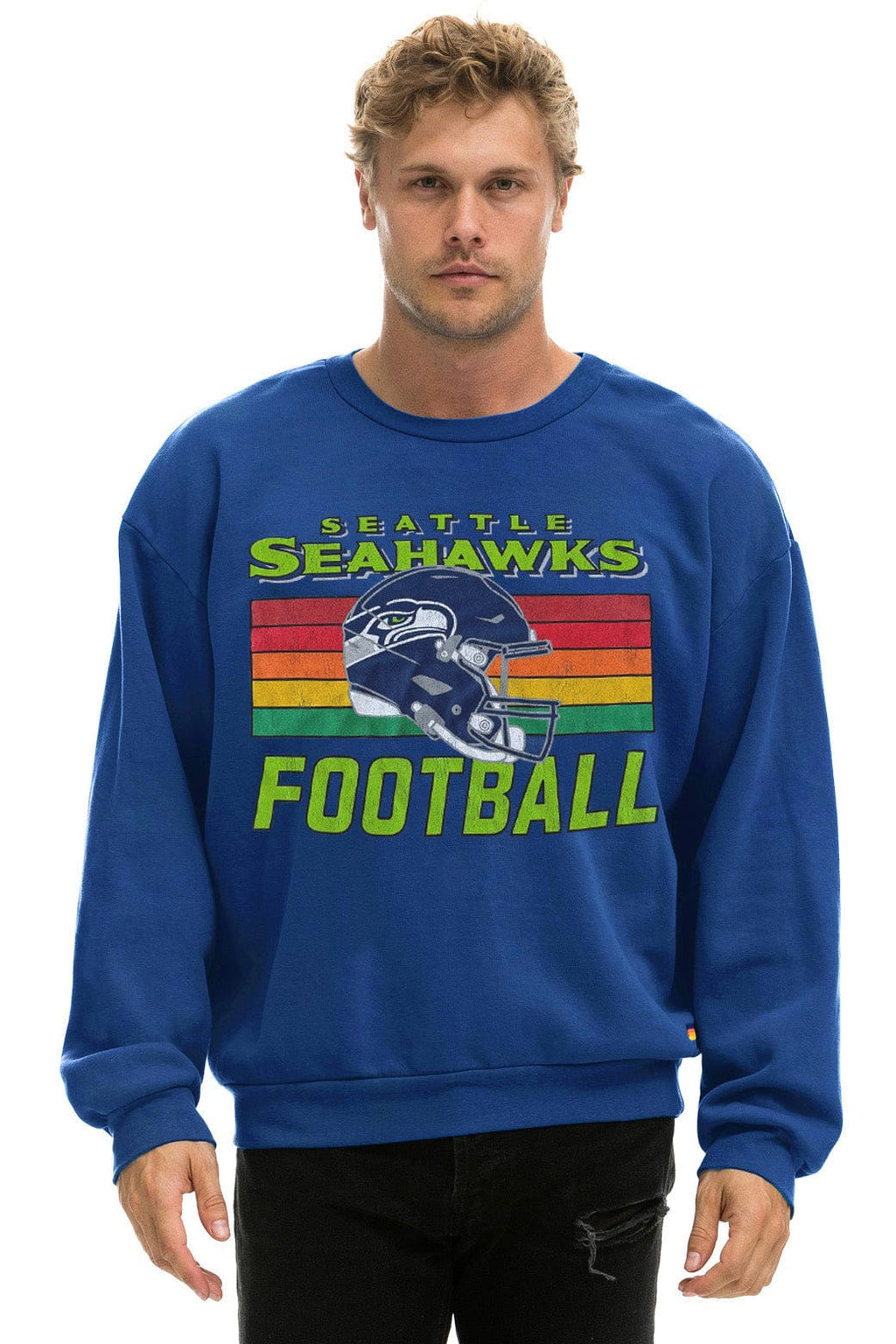 Retro SEATTLE SEAHAWKS HELMET RELAXED CREW SWEATSHIRT - ROYAL