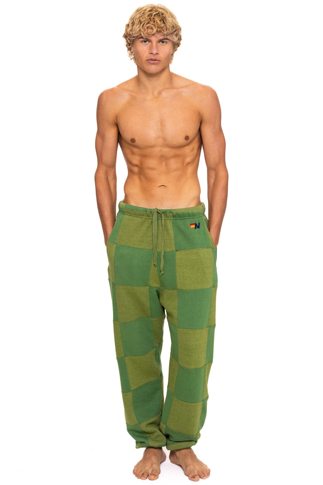Retro CHECK QUILTED SWEATPANTS - JUNGLE GREEN PALM
