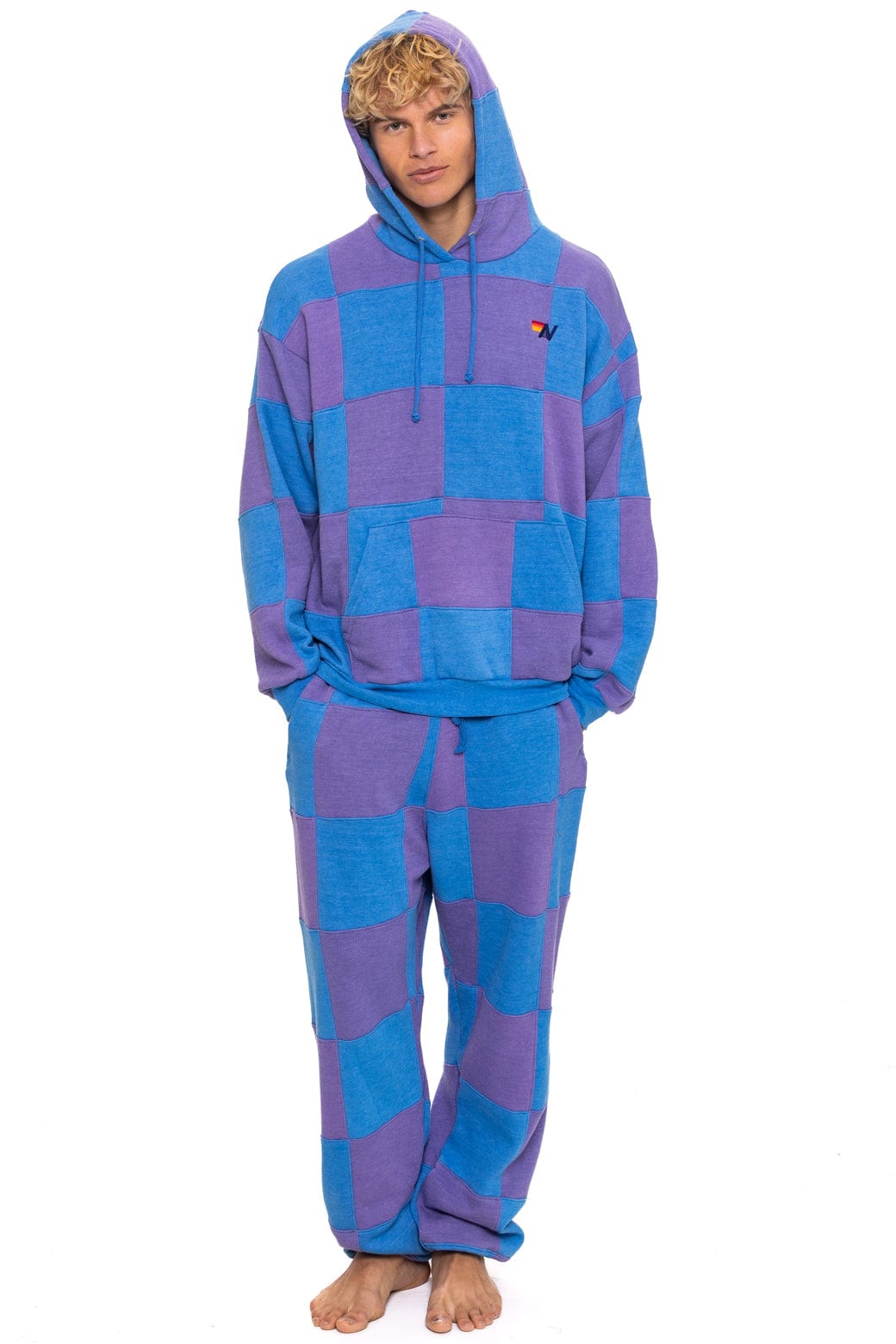 Retro CHECK QUILT RELAXED PULLOVER HOODIE - LAVENDER OCEAN