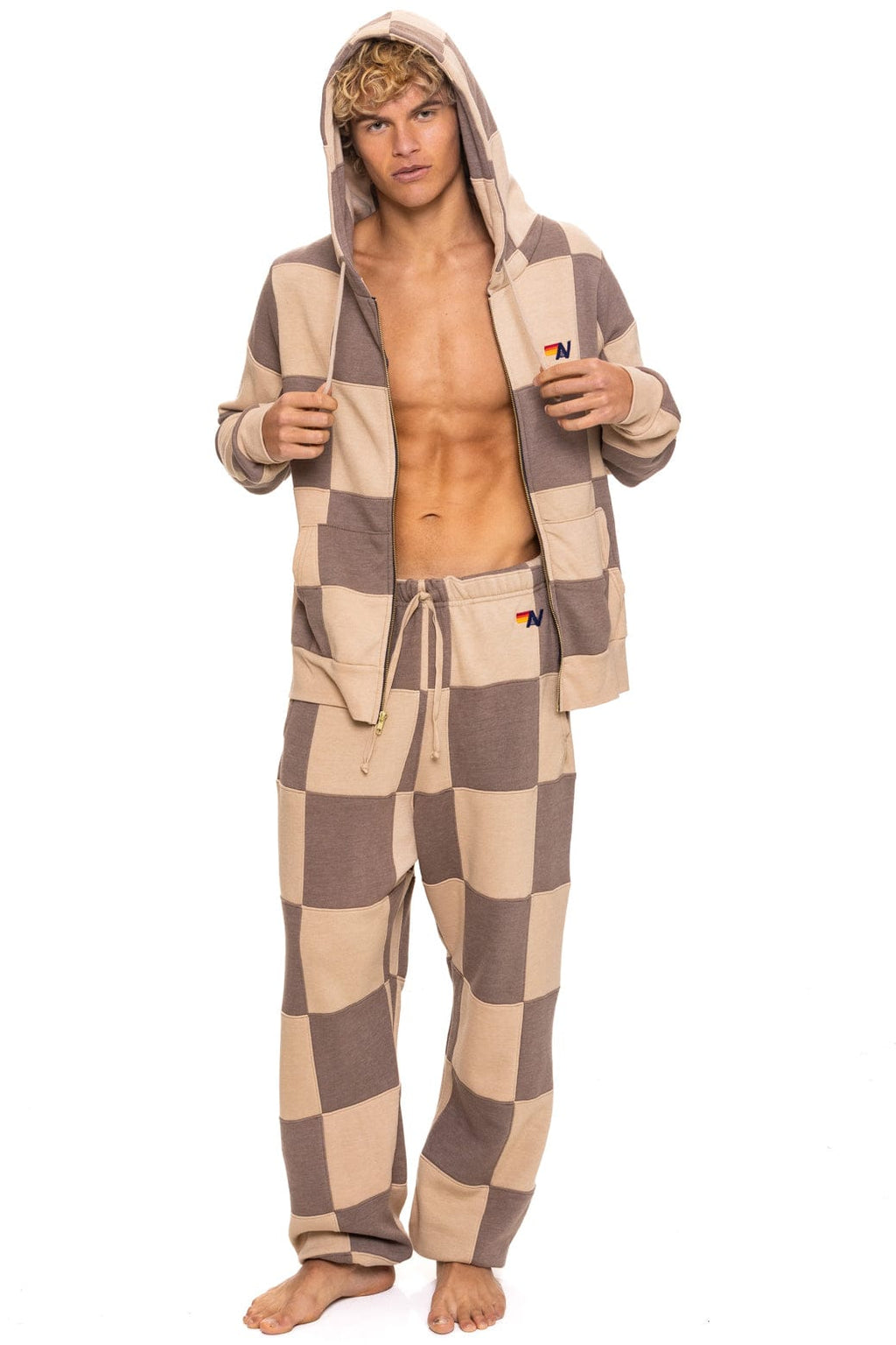 Retro CHECK QUILT ZIP HOODIE - SAND TAUPE