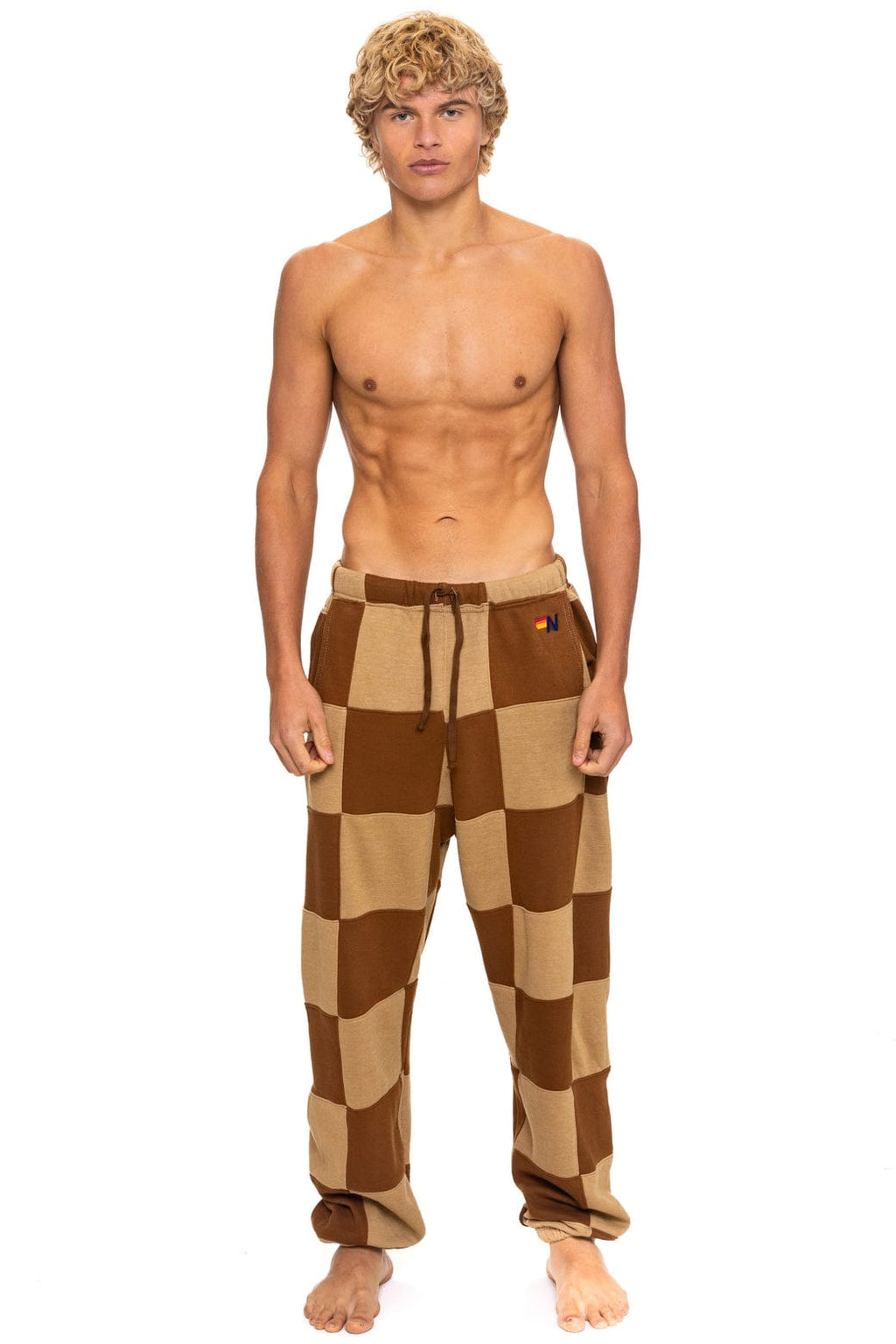 Retro CHECK QUILTED SWEATPANTS - TAN CINNAMON