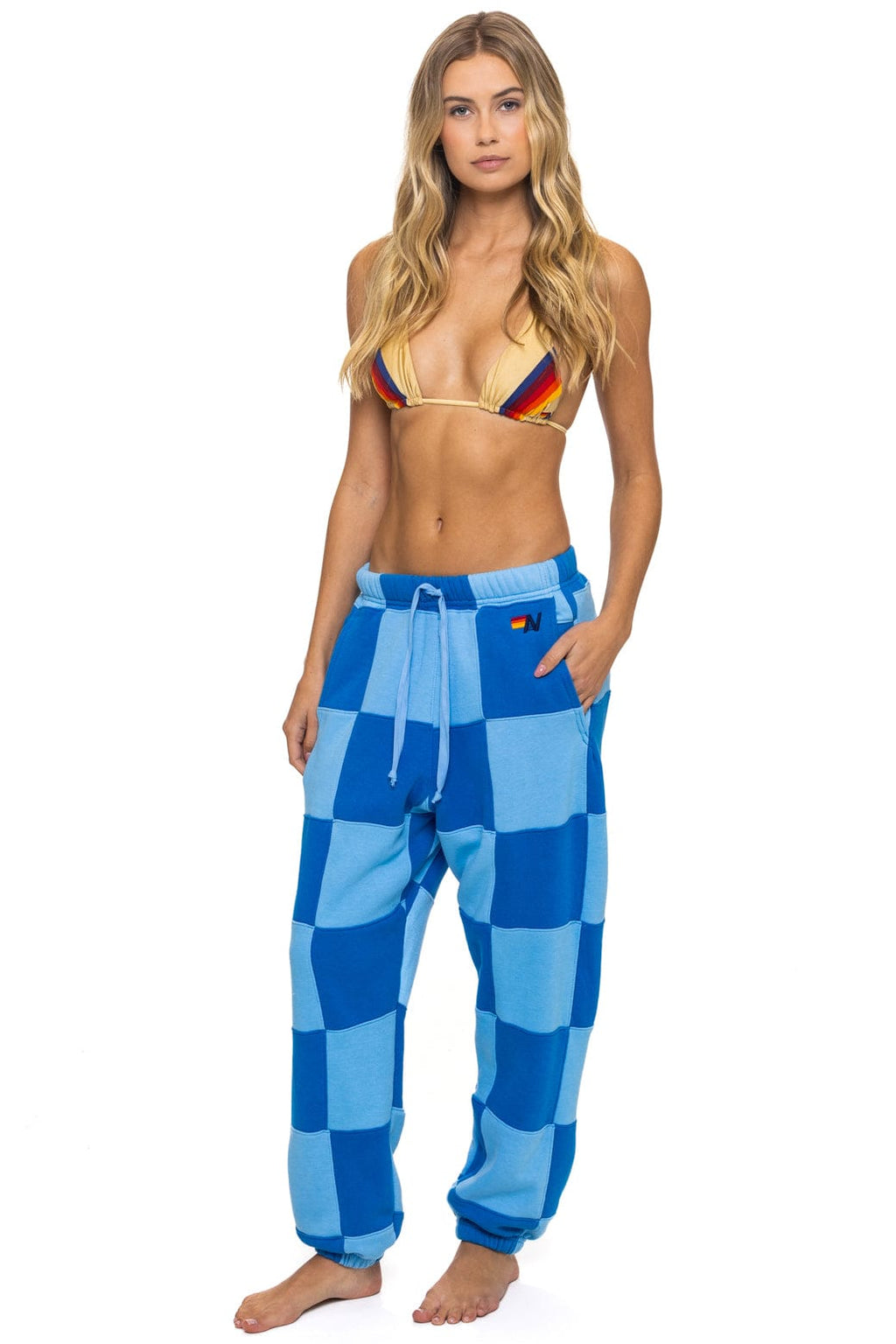 Retro CHECK QUILTED SWEATPANTS - SKY ADVENTURE BLUE