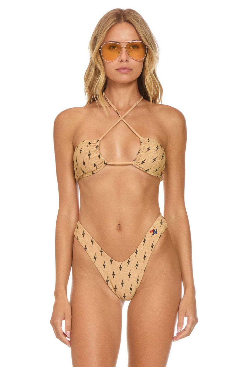 Retro SPARKLE ST TROPEZ BANDEAU HALTER BIKINI TOP - BLACK BOLT REPEAT