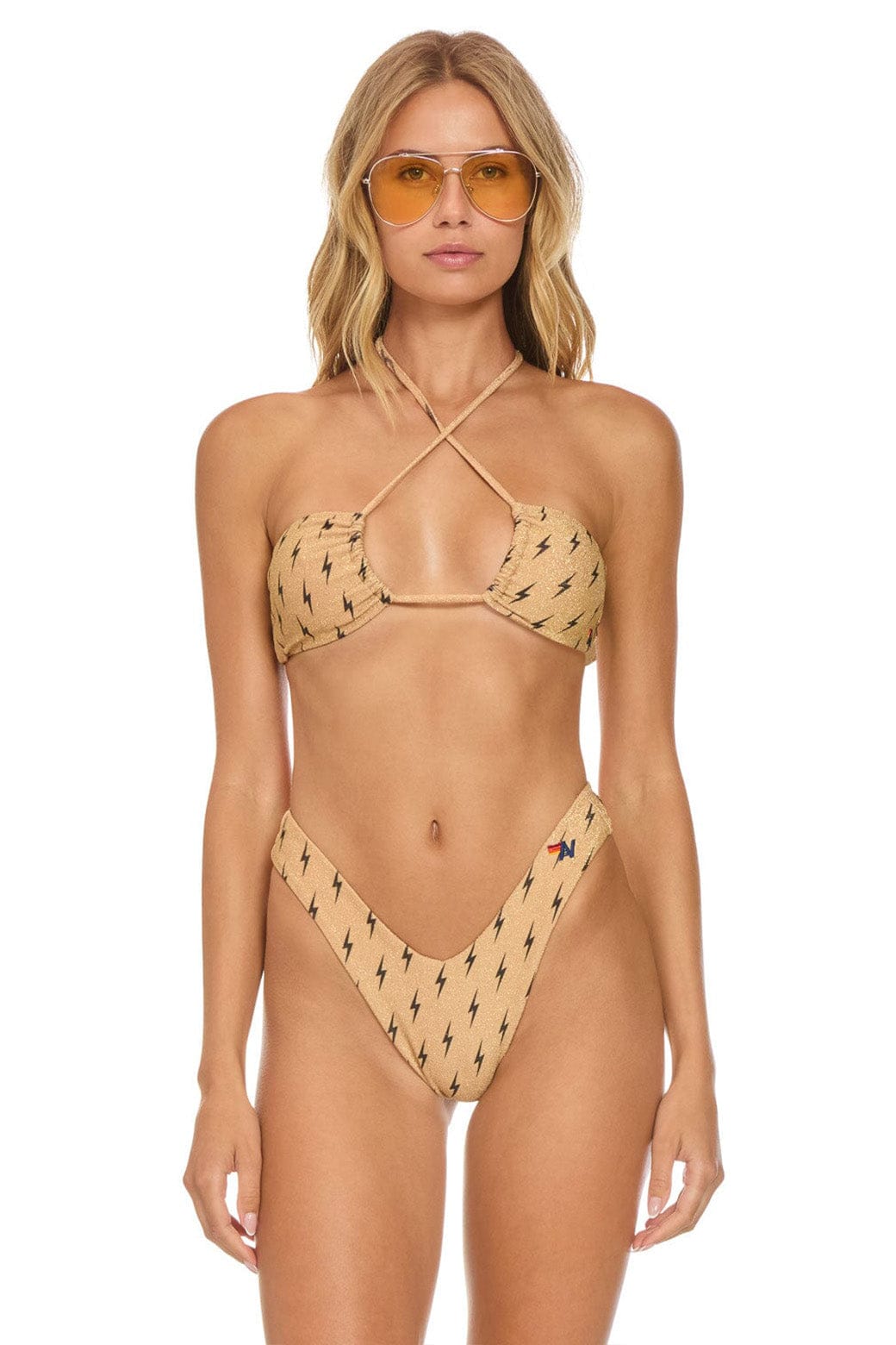 Retro SPARKLE ST TROPEZ BANDEAU HALTER BIKINI TOP - BLACK BOLT REPEAT