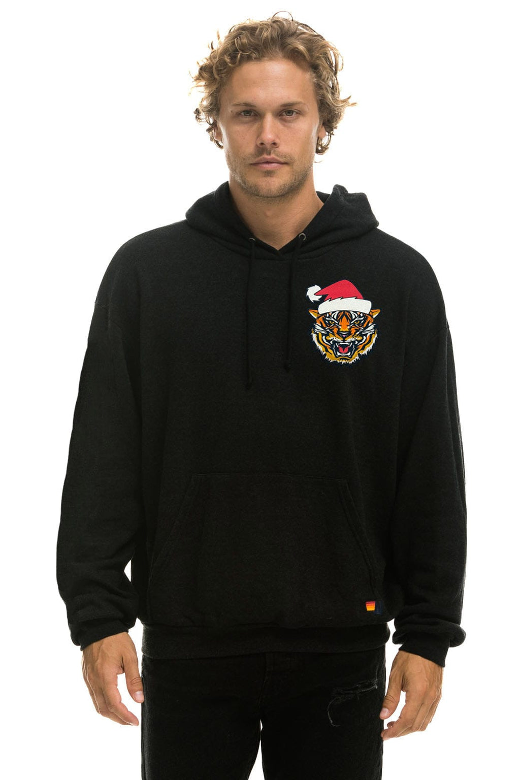 Retro SANTA TIGER RELAXED PULLOVER HOODIE - BLACK