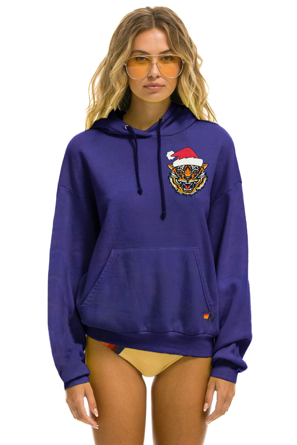 Retro SANTA TIGER RELAXED PULLOVER HOODIE - PURPLE