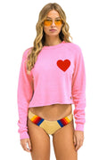 Retro HEART STITCH CROPPED CREW SWEATSHIRT - NEON PINK