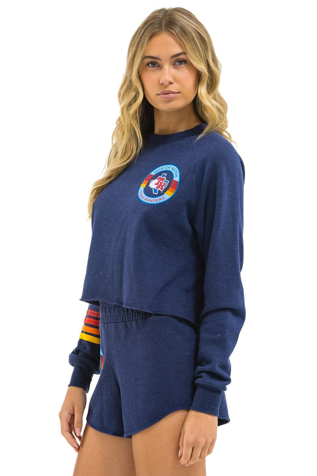 Retro TEXAS RANGERS RUGBY STITCH CROPPED CREW SWEATSHIRT - NAVY