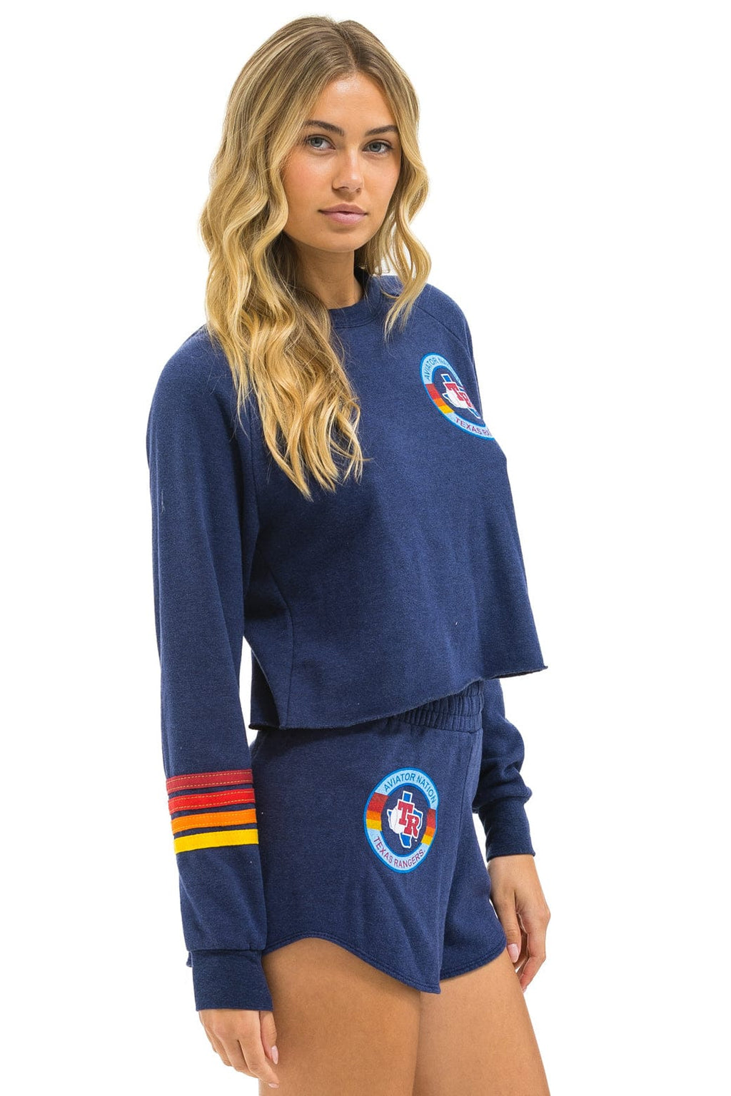 Retro TEXAS RANGERS RUGBY STITCH CROPPED CREW SWEATSHIRT - NAVY
