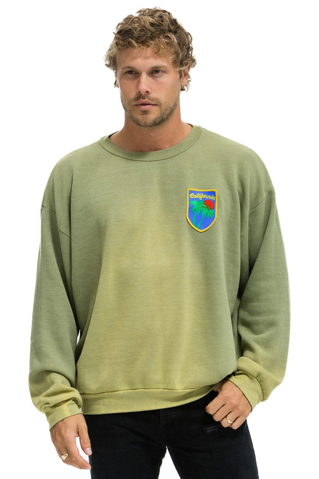 Retro CALIFORNIA PALM PATCH RELAXED CREW SWEATSHIRT - FADED ARMY
