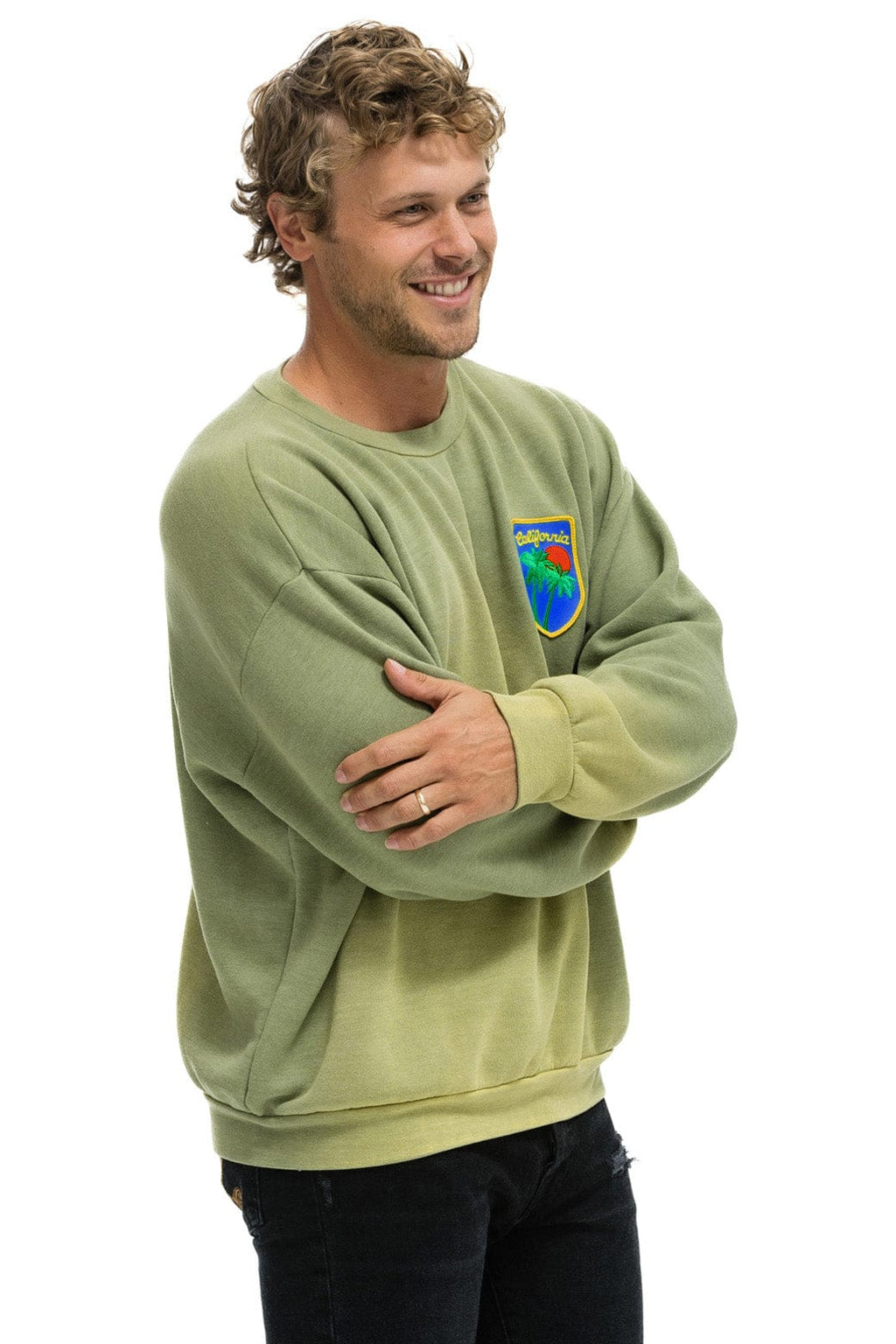 Retro CALIFORNIA PALM PATCH RELAXED CREW SWEATSHIRT - FADED ARMY