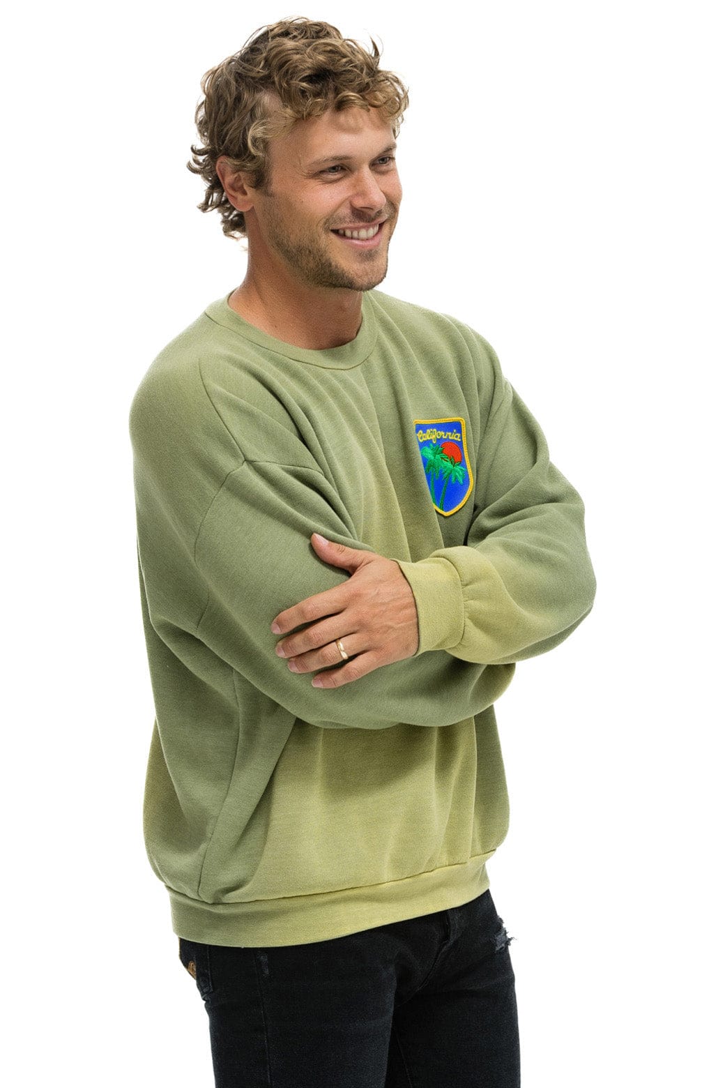 Retro CALIFORNIA PALM PATCH RELAXED CREW SWEATSHIRT - FADED ARMY
