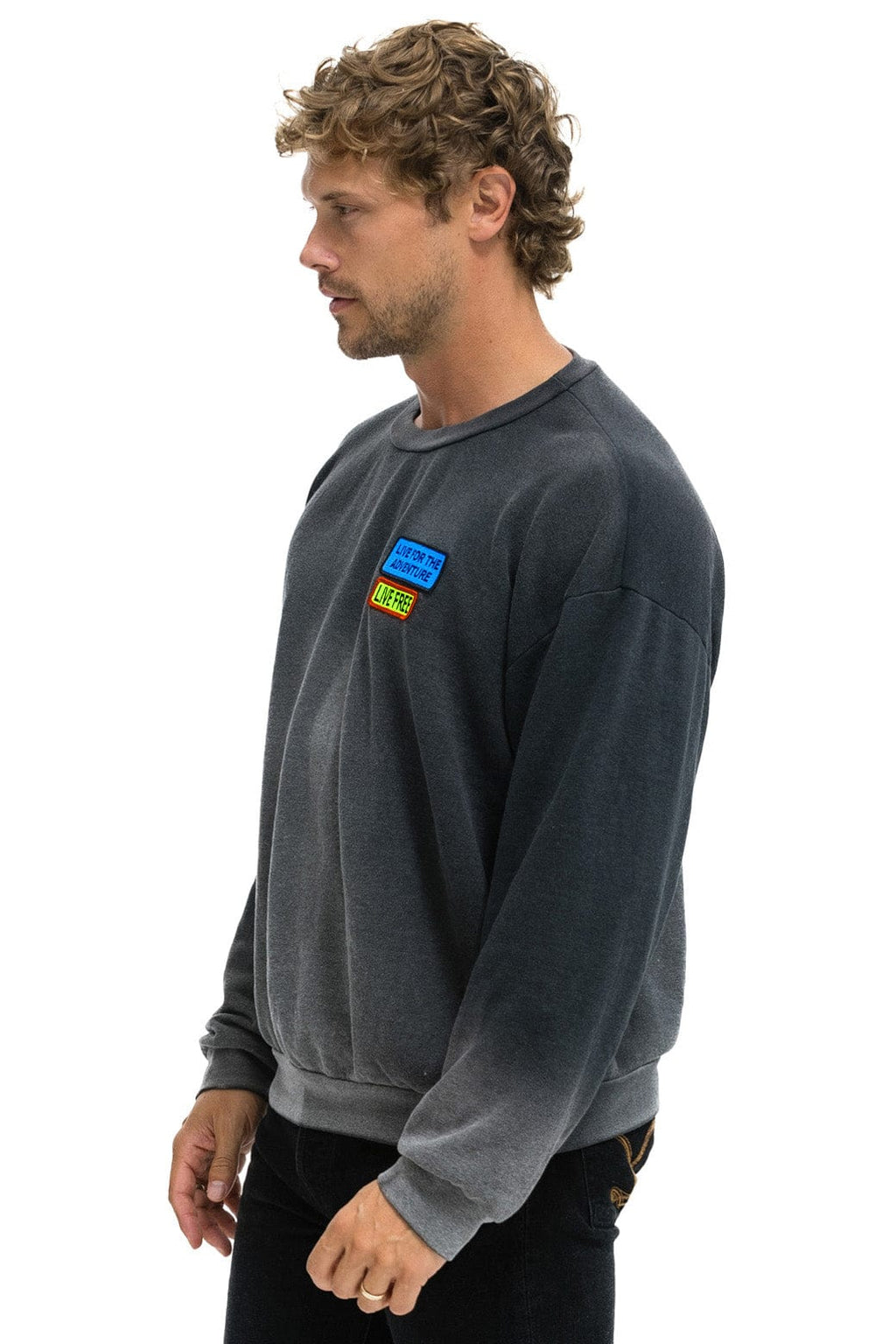 Retro LIVE FREE ADVENTURE PATCH RELAXED CREW SWEATSHIRT - FADED SMOKE