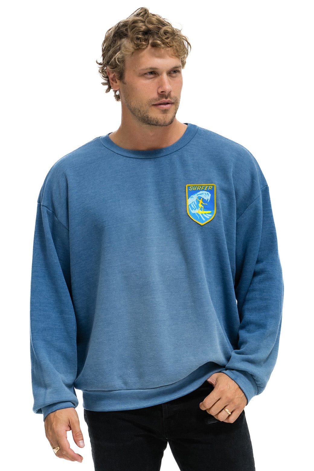 Retro SURFER WAVE PATCH RELAXED CREW SWEATSHIRT - FADED WATER
