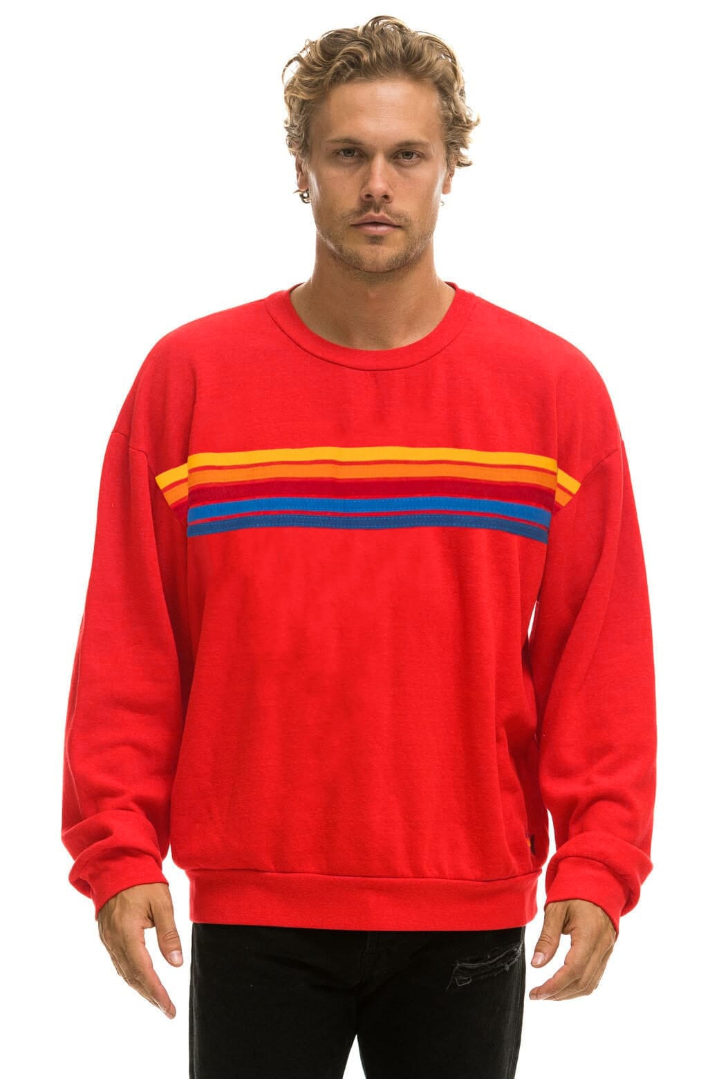 Retro 5 STRIPE RELAXED CREW SWEATSHIRT - RED