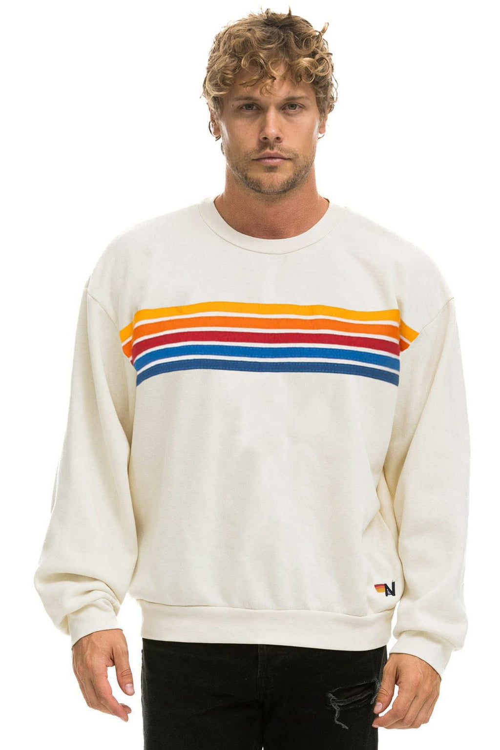 Retro 5 STRIPE RELAXED CREW SWEATSHIRT - VINTAGE WHITE